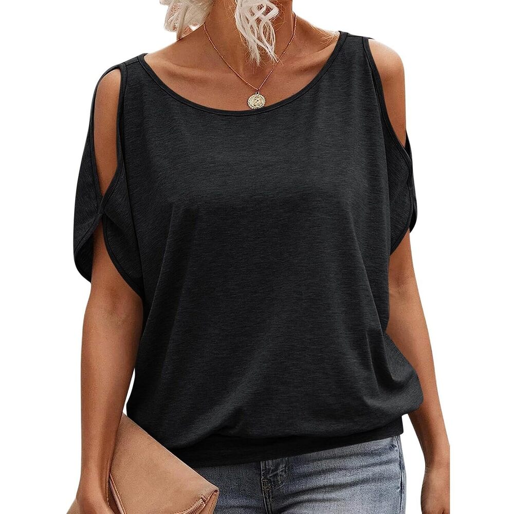 Womens Summer Cold Shoulder Tops Banded Bottom Boat Neck T Shirts Sexy